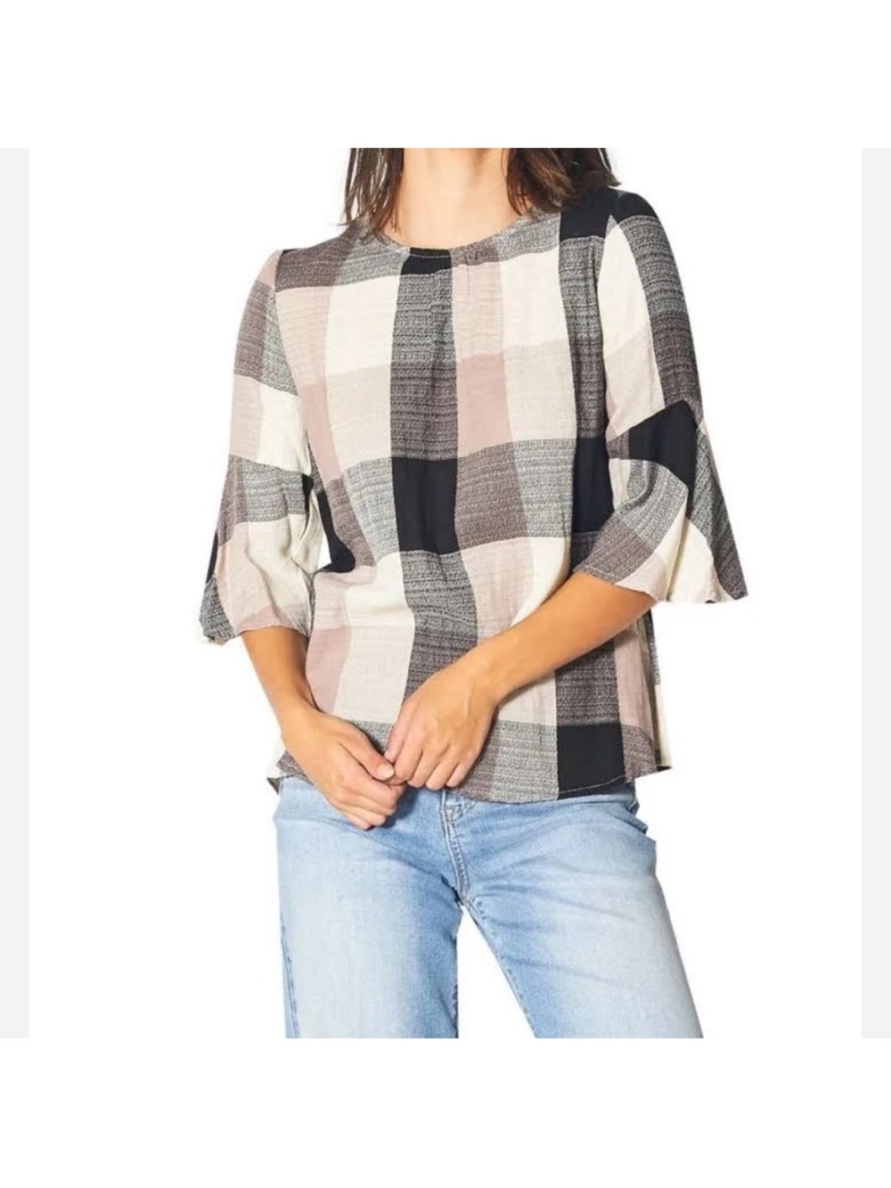 Plaid Bell-Sleeve Blouse in Black, Cream & Tan